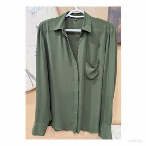 NEW Guess Olive Green Button-Up Blouse Patch Pocket Long Sleeve Size XL